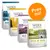 Fire poser Wolf of Wilderness hundefoder: BLU, SUNNY, WILD og GREEN FIELDS. Tekst: 100% grain-free recipe, lots of fresh meat & fruits. Orange cirkel med teksten 'Prøv nu!'.