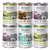 6 boîtes Wolf of Wilderness 400 g : Green Fields, Oak Woods, Wild Hills, Arctic Spirit. Texte visible : 100 % grain-free. Étiquettes avec paysages et têtes de loup.
