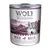 Консерва Wolf of Wilderness Wild Hills, 800 г. Видна надпись: 100% grain-free. Текст на английском и немецком: Duck with fruits of the forest, roots and wild herbs.