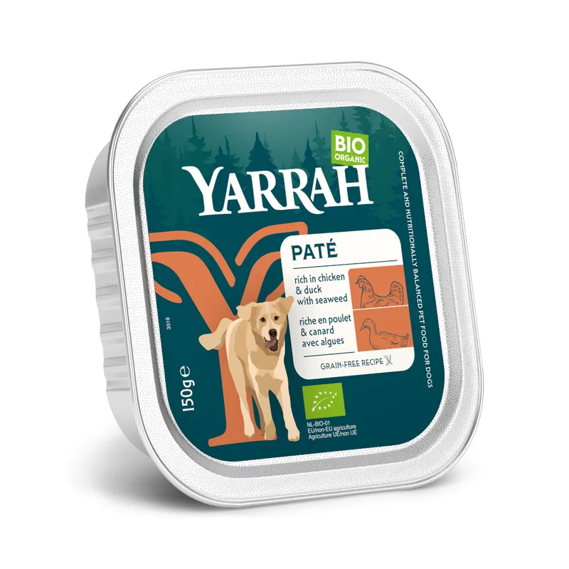 Yarrah Bio en tarrinas 36 x 150 g - Pack Ahorro - Paté pollo con pato ecológicos y algas ecológicas