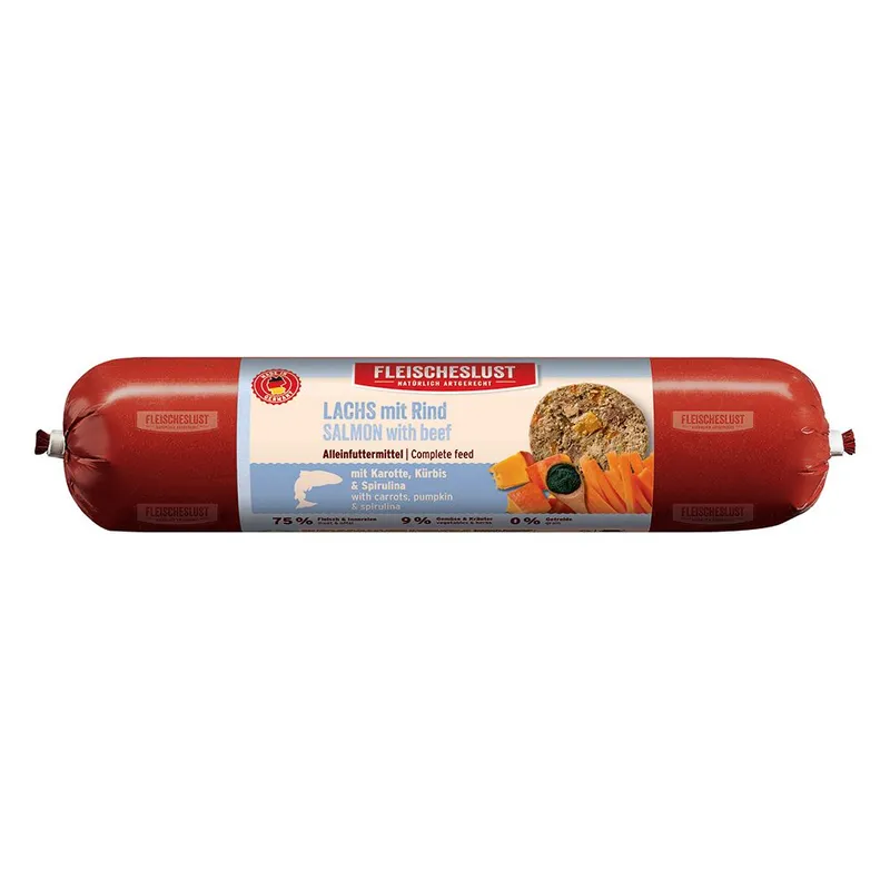 Fleischeslust Classic Sensitive 12 x 800 g - Salmón con vacuno con zanahoria, calabaza y espirulina
