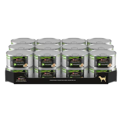 Tray containing twelve cans labelled as veterinary diet hypoallergenic food, with visible product branding and a dog silhouette on the tray front.