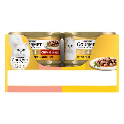Two tins labelled 'Chunks in Gravy Chicken and Liver' and 'With Chicken', shown in yellow packaging with images of food chunks on a plate.