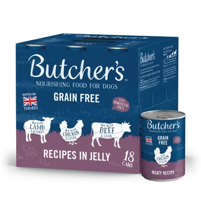 Grain free recipes in jelly, 18 cans with lamb and kidney, chicken and liver, beef and liver. With beneficial oils. Supporting British farmers. Meaty recipe.