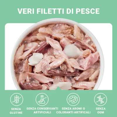 Veri filetti di pesce. Senza glutine, senza conservanti artificiali, senza aromi o coloranti artificiali, senza OGM.