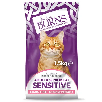 Burns Adult & Senior Cat Sensitive, grain free duck and potato, 1.5kg, suitable for all breeds indoor and outdoor, natural nutrition for a long healthy life.