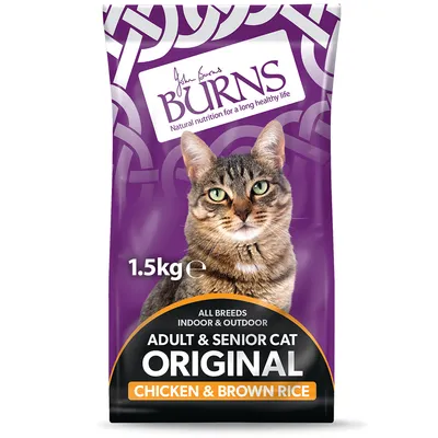 1.5kg bag labelled for adult and senior cat food, original recipe with chicken and brown rice, suitable for all breeds indoor and outdoor.
