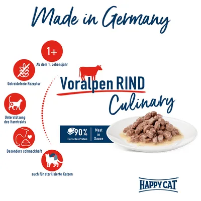 Happy Cat Voralpen Rind Culinary, Made in Germany, dès 1 an, recette sans céréales, soutien urinaire, 90 % protéines animales, viande en sauce, convient aux chats stérilisés.