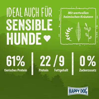 Ideal auch für sensible Hunde. Mit wertvollen heimischen Kräutern. 61% tierisches Protein, 22/9 Protein/Fettgehalt, 0% Zuckerzusatz. Happy Dog.