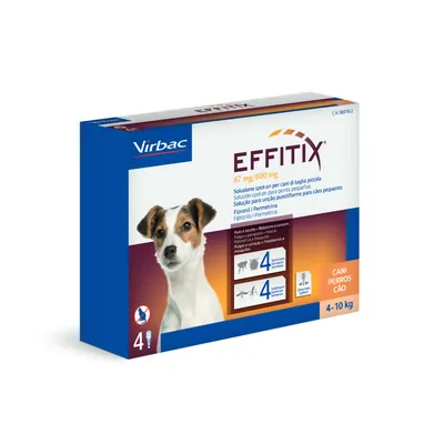 Virbac EFFITIX 67 mg/600 mg, solución spot-on para perros pequeños, fipronil y permetrina, 4 pipetas, CANI PERROS CÃO, 4–10 kg. Protección contra pulgas y garrapatas hasta 4 semanas.