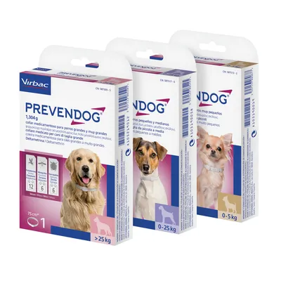 Tres cajas de collares PREVENDOG Virbac para perros, visibles tamaños: >25 kg, 0–25 kg y 0–5 kg. Texto visible: deltametrina, collar medicamentoso, imágenes de perros en cada caja.