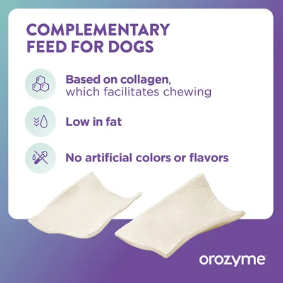 Complementary food for dogs, collagen-based to support chewing, low-fat, free from artificial colourings or flavourings. Brand: orozyme. Complementary food for dogs, collagen-based to support chewing, low-fat, free from artificial colourings or flavourings. Brand: orozyme.