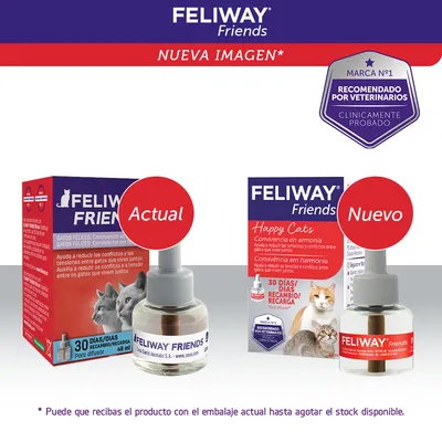 Comparativa de envases Feliway Friends: a la izquierda el diseño actual, a la derecha el nuevo. Ambos muestran recambio para difusor 30 días. Texto visible: 'Recomendado por veterinarios'.