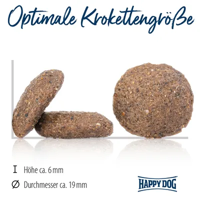 Happy Dog Kroketten mit optimaler Grösse: Höhe ca. 6 mm, Durchmesser ca. 19 mm.