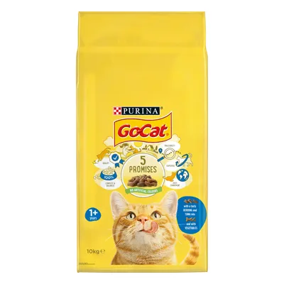 GoCat dry food bag showing '5 Promises', no artificial colours, suitable for 1+ years, with herring and tuna mix, and vegetables. 10kg pack.