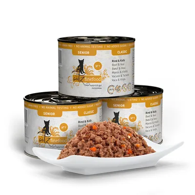Catz Finefood Classic Senior Nr. 7 nöt och kalv, spannmålsfri, utan tillsatt socker, inga djurförsök. Tre burkar och serverat våtfoder.