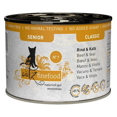 Catz finefood Classic Senior Nr. 7, nöt och kalv, spannmålsfri, utan tillsatt socker, inga djurförsök, över 91 % kött i kokvätska.