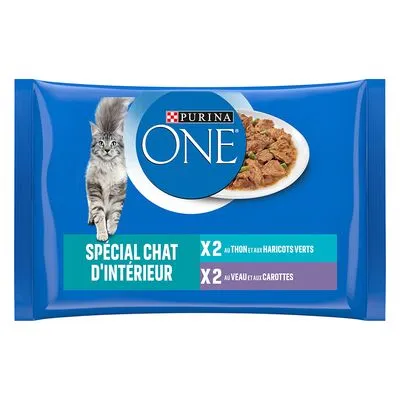 Purina ONE Special Chat d'Intérieur. X2 s tuniakom a zelenými fazuľkami, X2 s teľacím a mrkvou.