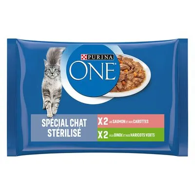 Purina ONE Special Chat Stérilisé. X2 s lososom a mrkvou, X2 s moriakom a zelenou fazuľkou.