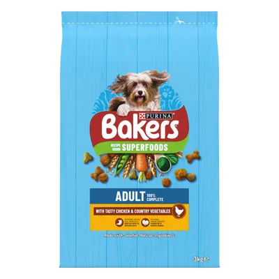 Bakers Superfoods adult food, 100% complete, with tasty chicken and country vegetables, made with selected natural ingredients, 3kg pack.