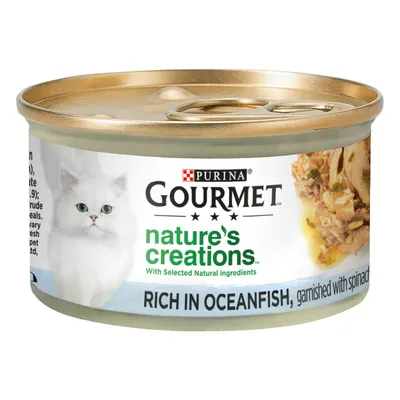Gourmet Nature's Creations with selected natural ingredients, rich in ocean fish and garnished with spinach.