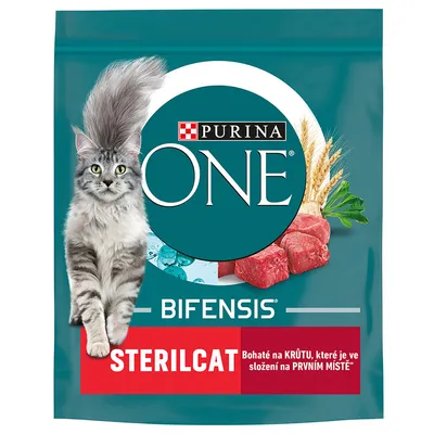 PURINA ONE BIFENSIS STERILCAT Bohaté na KRŮTU, které je ve složení na PRVNÍM MÍSTĚ. Obal s obrázkem kočky, masa, obilí a bylin.