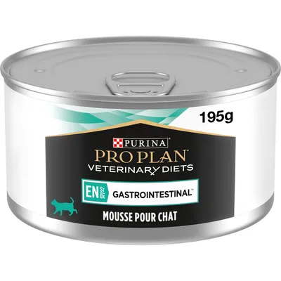 195g tin labelled Pro Plan Veterinary Diets, Gastrointestinal EN St/Ox, mousse pour chat. 195g tin labelled Pro Plan Veterinary Diets, Gastrointestinal EN St/Ox, mousse pour chat.