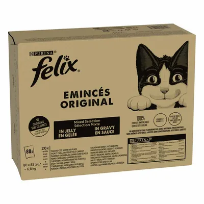 Purina Felix Emincés Original, selecție mixtă în aspic și sos, 80x85g, fără coloranți artificiali, 100% echilibrat și complet.