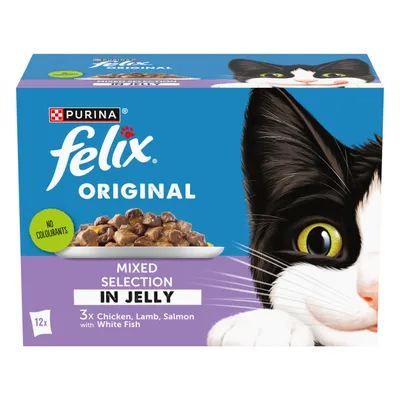 Felix Original Mixed Selection in Jelly, 12 pack with 3 each of chicken, lamb, salmon with white fish. No colourants. Image shows food pieces on a plate.
