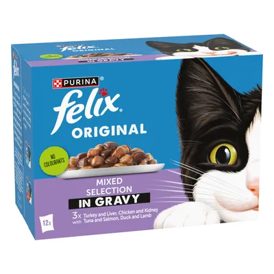 Felix Original Mixed Selection in Gravy, 12 pack. Includes turkey and liver, chicken and kidney, tuna and salmon, duck and lamb. No colourants.