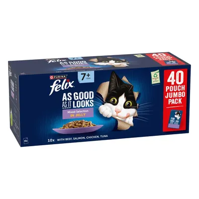 40 pouch jumbo pack, mixed selection in jelly with beef, salmon, chicken and tuna, suitable for 7+ years. Product name: Felix As Good As It Looks.