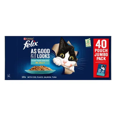 Felix As Good As It Looks Ocean Feasts Selection in Jelly, 40 pouch jumbo pack with cod, plaice, salmon and tuna. Includes recycling information.