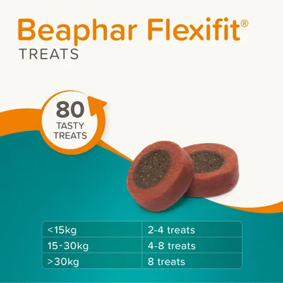 Beaphar Flexifit Treats, 80 treats per pack. Feeding guide: under 15kg, 2-4 treats; 15-30kg, 4-8 treats; over 30kg, 8 treats.