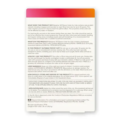 Product information for Beaphar VETOpure Collar, including usage instructions, ingredients, suitability, warnings, storage, disposal, application rate, and poison information.
