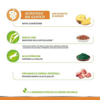 Sensitive no gluten, con estratto di ananas. Semi di lino, benessere delle articolazioni. Alga spirulina, supporta la vitalità. Con maiale e cereali integrali, proteine animali di alta qualità.