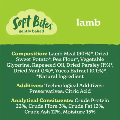 Soft Bites gently baked lamb. Composition: lamb meal 30%, sweet potato, pea flour, vegetable glycerine, rapeseed oil, parsley, mint, yucca extract. Additives: citric acid. Protein 22%.