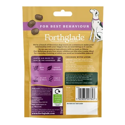 Back of Forthglade chicken with liver treats pack showing grain free, natural ingredients, no junk or fillers, high in protein, feeding guide, composition and recycling information.