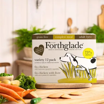 Forthglade variety 12 pack, grain free complete meal for adult 1 year plus, includes 6x chicken with butternut squash and vegetables, 6x chicken with liver, 75% chicken, made with natural ingredients.