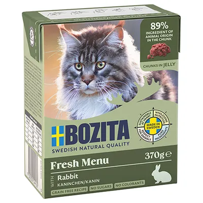 Bozita Fresh Menu Kaninchen in Gelee, 370g. 89% tierische Zutaten im Stück. Made in Sweden. Getreidefrei, ohne Zucker, keine Farbstoffe.