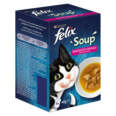 Balení Purina felix Soup GEMISCHTE VIELFALT, 6×48g. Ilustrace kočky a misky s polévkou pro kočky. Viditelný text v němčině a francouzštině.