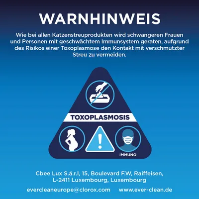 Warnhinweis: Schwangere und Personen mit geschwächtem Immunsystem sollen wegen Toxoplasmose-Risiko Kontakt mit verschmutzter Katzenstreu vermeiden.