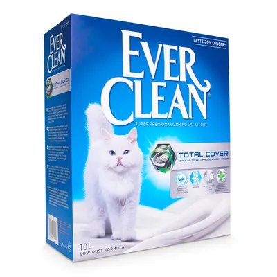 Arena aglomerante para gatos Ever Clean Total Cover, 10L. Fórmula de bajo polvo. Texto visible: 'Super Premium Clumping Cat Litter', 'LASTS 20% LONGER*', iconos y sello Total Cover.