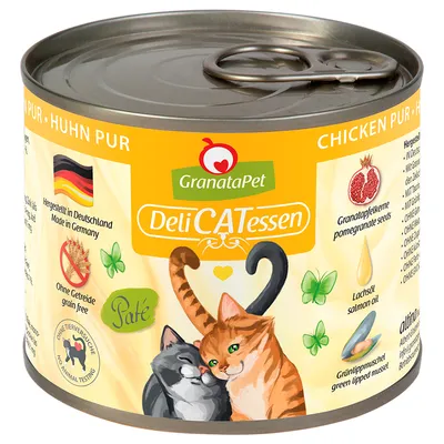 GranataPet DeliCATessen Huhn Pur. Produs în Germania, fără cereale, pate, semințe de rodie, ulei de somon, scoică cu cochilie verde, fără teste pe animale.