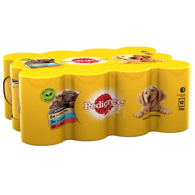 Pedigree Nassfutter Multipack, 12 Dosen à 400g. Sorten: 6x Huhn, 3x Lamm, 3x Rind in Sosse. Mit natürlichen Zutaten, 100% komplett. Gelbe Verpackung mit Hundebild.