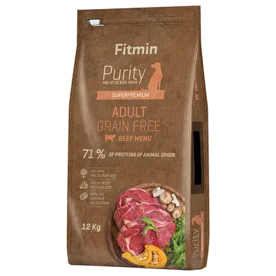 Fitmin Purity Holistic Dog Food Superpremium Adult Grain Free Beef Menu, 71 % of proteins of animal origin, 12 kg. Natural preservatives, fresh meat technology, shiitake mushroom.