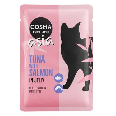 Cosma Asia Pure Love, tonno con salmone in gelatina. Multi proteine, solo pesce.