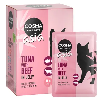 Cosma Asia Pure Love. Tonfisk med nötkött i gelé, multiprotein av rent kött och fisk. Förpackning med 6 x 100 g påsar.