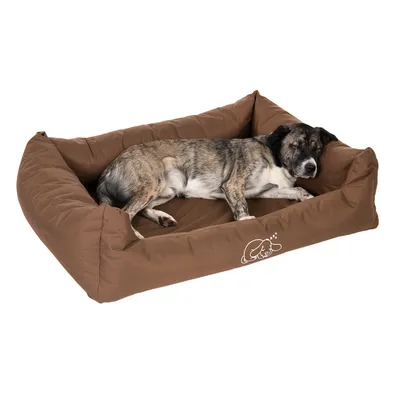 Brunt hundeseng med en sovende hund. Logo med stiliseret hund og stjerne synlig på forsiden af sengen.