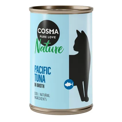 COSMA Pure Love Nature Pacific Tuna in Broth, 100% natural ingredients, tin with cat silhouette and fish icon on light blue label