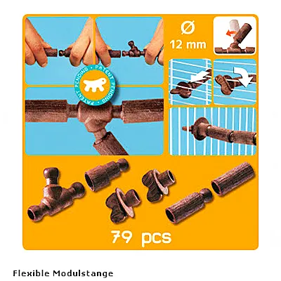 Комплект 79 броя кафяви пластмасови свързващи елементи с диаметър 12 мм, показани в различни комбинации за сглобяване и монтаж върху решетка.